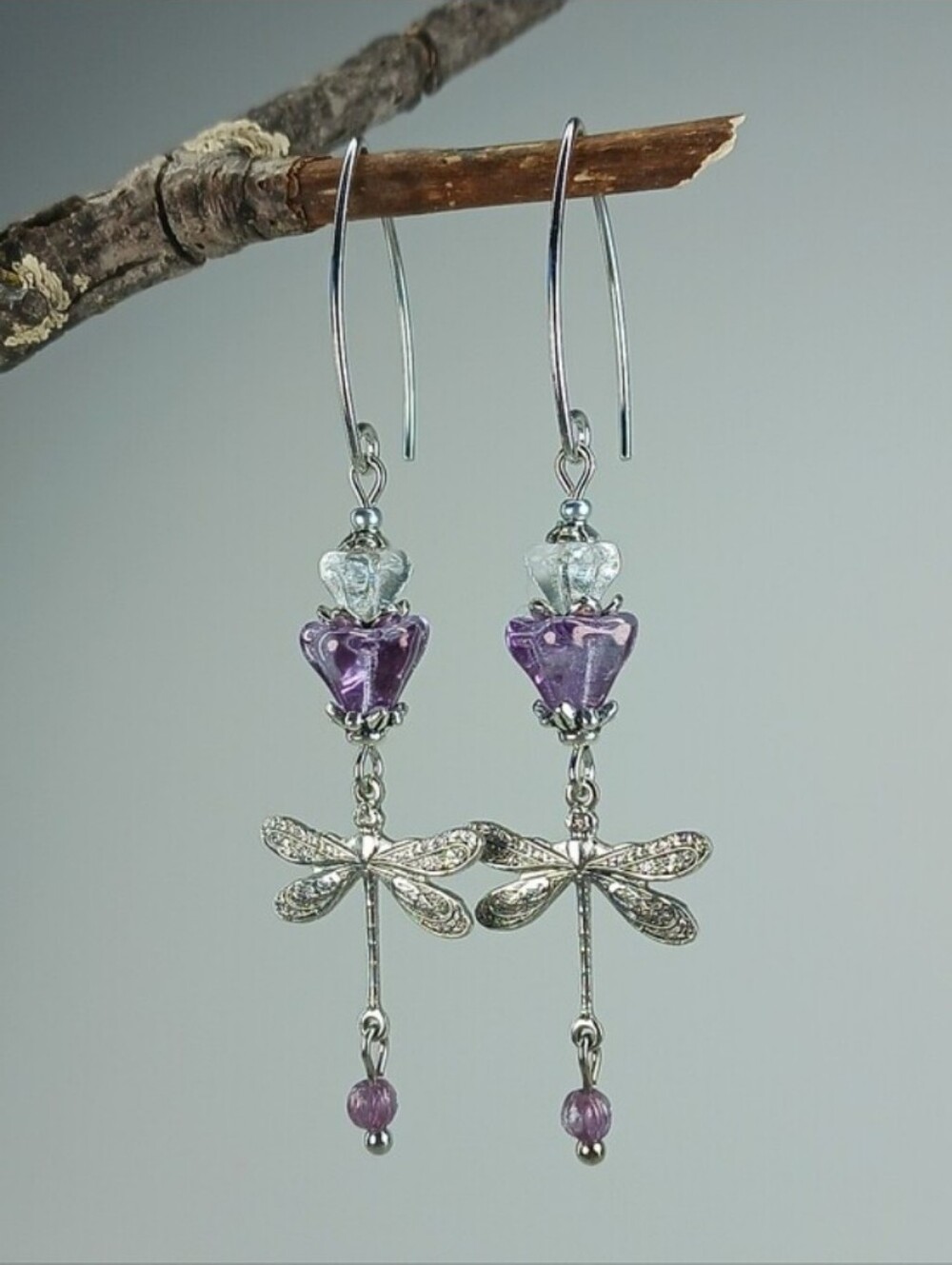 HAND CRAFTED Silver Dragonfly Earrings Purple Czech Glass Flower Fairycore Boho - Picture 2 of 5